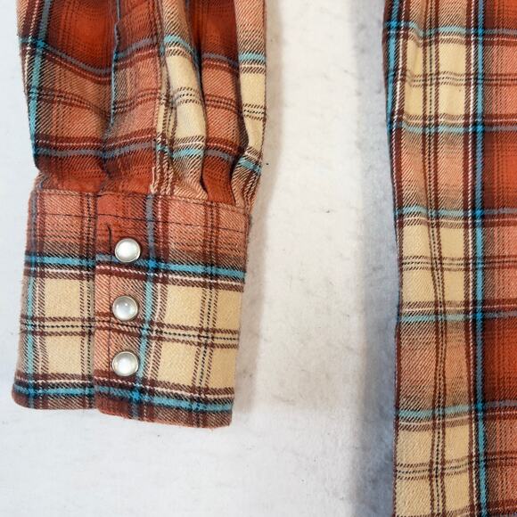 Wrangler Wrancher Flannel Shirt Men's XXL Pearl Snap Button Brick-Red Plaid West - Picture 3 of 12